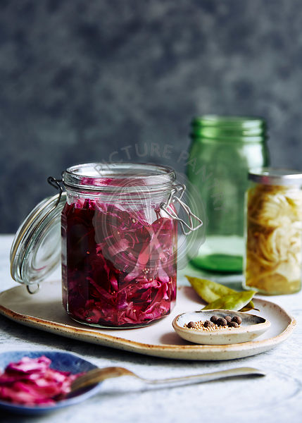 pickled red cabbage with mustard seeds.